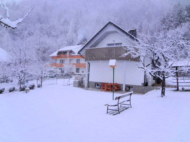 Exterior of modern 2-bedroom apartment with large balcony in Slovenia in winter