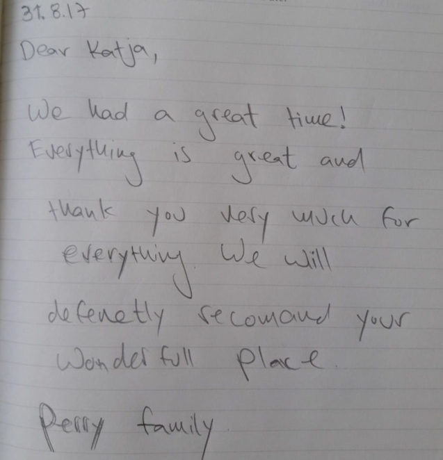 A handwritten note from our guests who stayed in our Modern Apartment With Balcony And Terrace