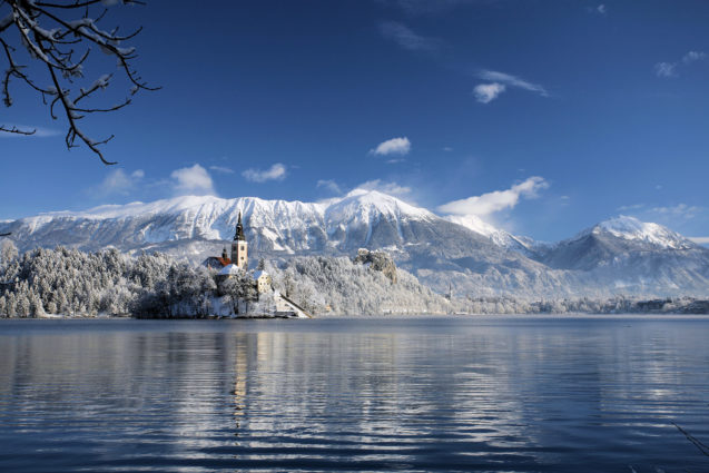 Lake Bled in winter covered with snow