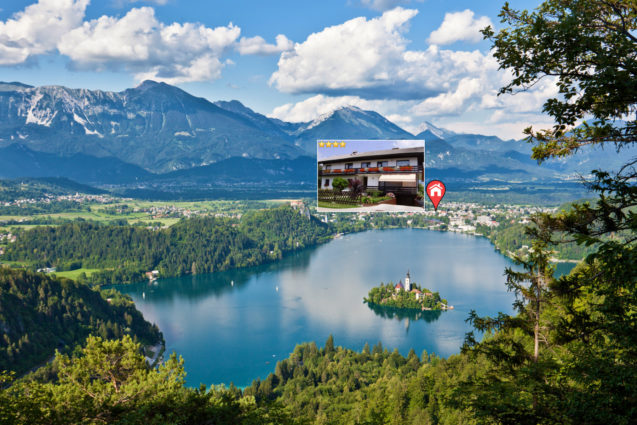 Elevated view of Lake Bled from the Ojstrica viewpoint and the location of Apartments Fine Stay Bled