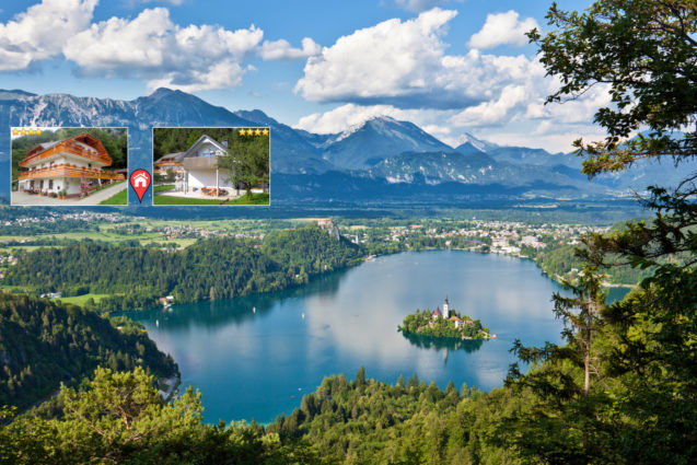 Elevated view of Lake Bled from the Ojstrica viewpoint and the location of Apartments Fine Stay