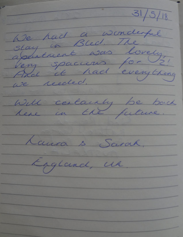 Page 16 of the Guestbook from Spacious Apartment With Balcony, Apartments Fine Stay Bled, Slovenia