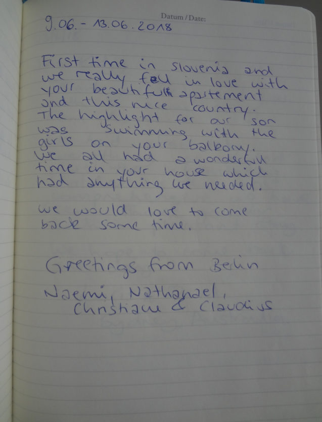 Page 9 of the guestbook in the Modern Apartment With Balcony And Terrace, Apartments Fine Stay in Slovenia