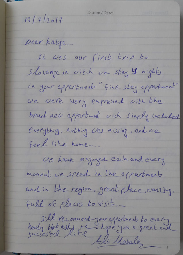 Page 1 of the guestbook in the Modern Apartment With Balcony And Terrace, Apartments Fine Stay in Slovenia