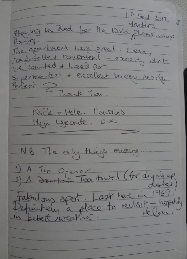 Page 1 of the Guestbook from Lovely Loft Apartment With Castle Views, Apartments Fine Stay Bled, Slovenia