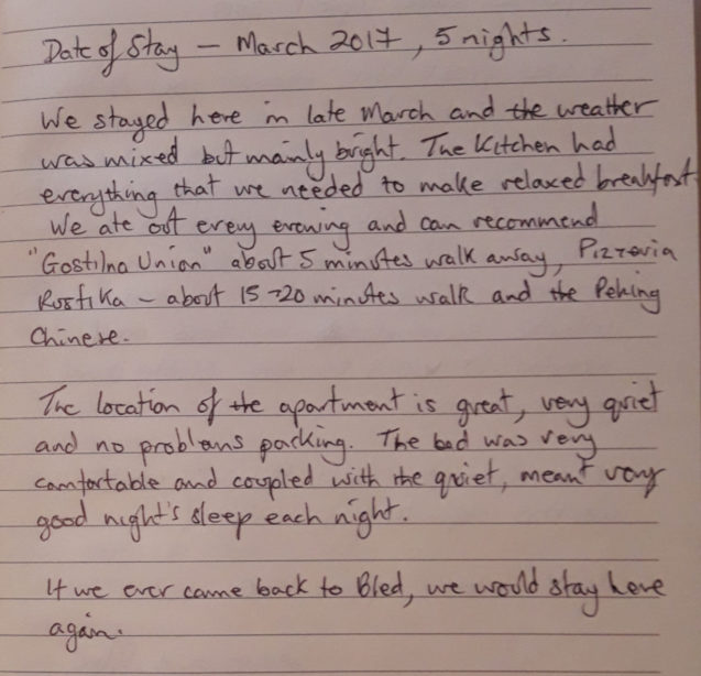 A note from a couple from Great Britain who stayed in the Spacious Apartment With 2 Balconies at Apartments Fine Stay Bled in March 2017