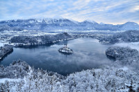 Lake Bled draped in winter white in the winter