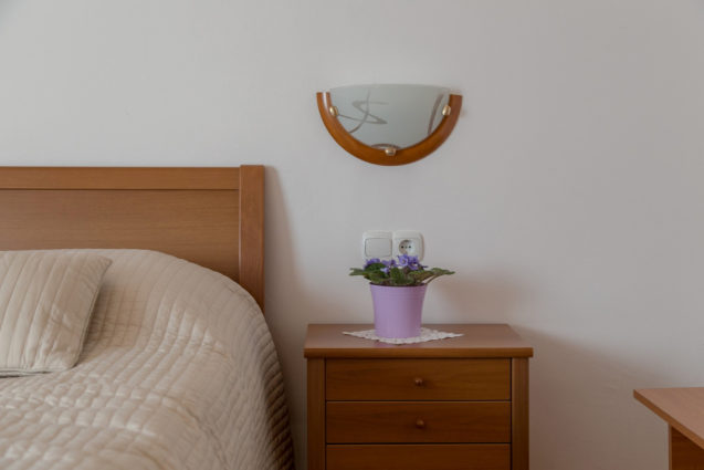 A nightstand with a flower and a lamp at the accommodation Apartments Fine Stay Bled