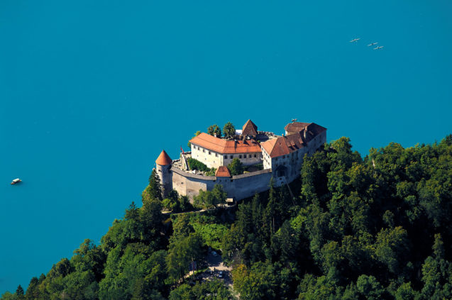 View of Bled Castle and Lake Bled from the air