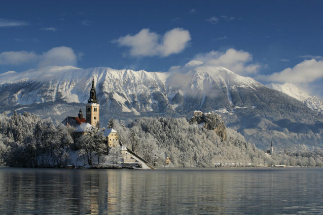 Lake Bled and its island covered with snow in the winter