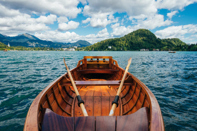 A wooden rowboat at Lake Bled in Slovenia