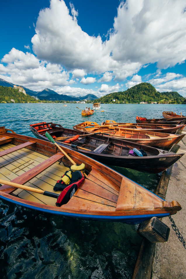 A number of wooden rowboat at Lake Bled in Slovenia