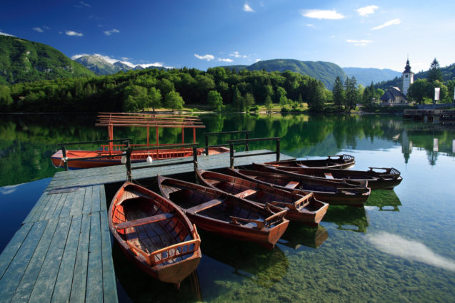 Wooden boats at Lake Bohinj in summer
