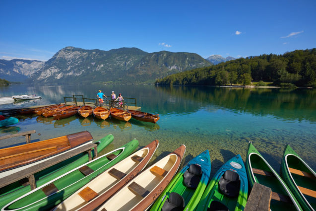 Canoes at Lake Bohinj in summer