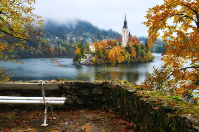 View of Bled Island in Slovenia in the autumn