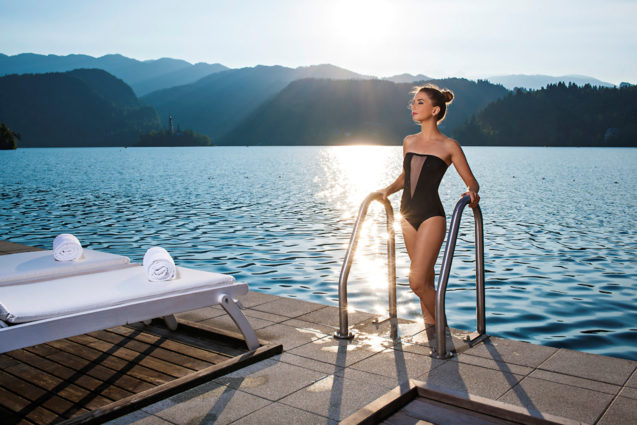 A female swimming in Lake Bled, Slovenia