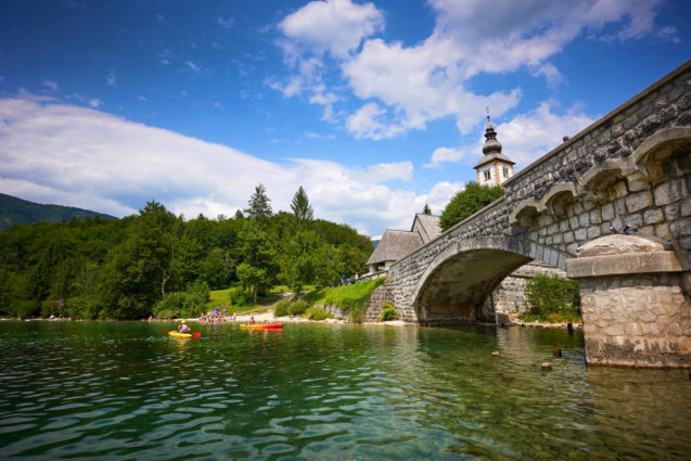 Lake Bohinj and the stone bridge in summer