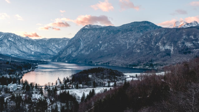 Lake Bohinj blanketed with snow in winter