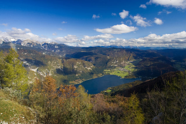 An aerial view of Lake Bohinj from Vogel Mountain in autumn