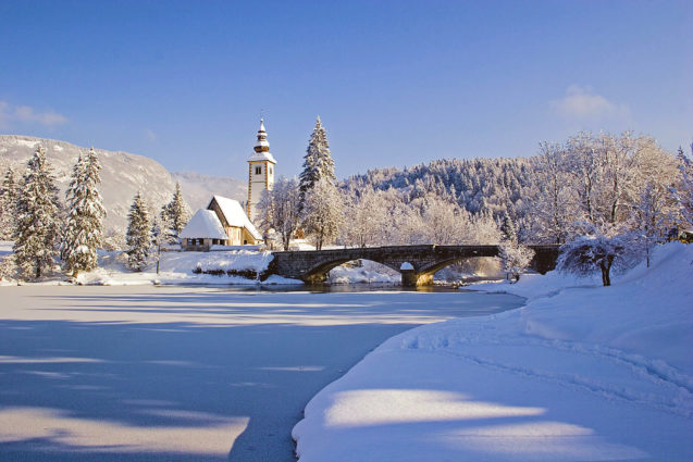 Lake Bohinj blanketed with snow in winter