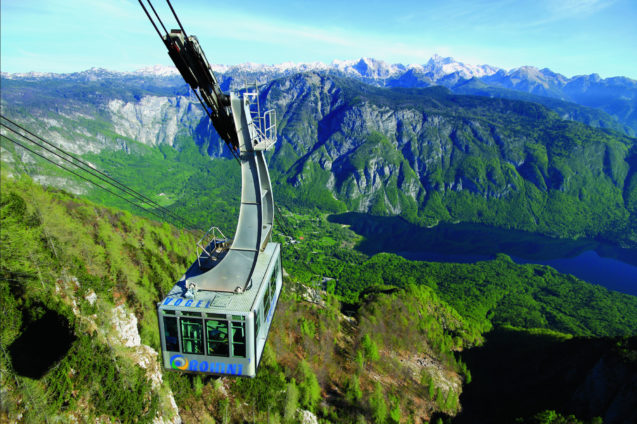 Vogel cable car above Lake Bohinj in Slovenia in summer