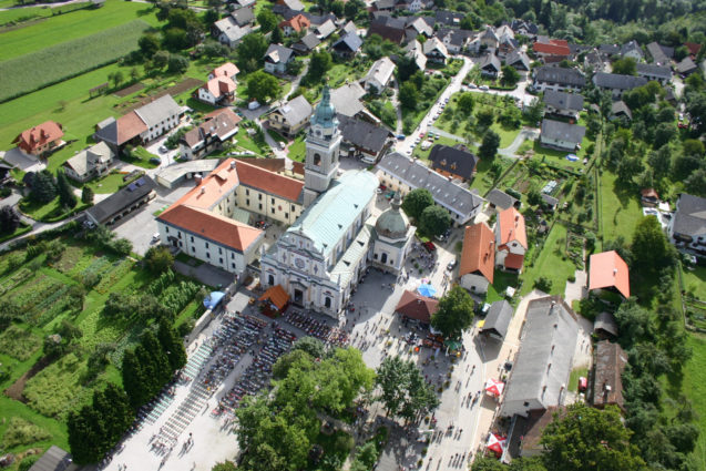 Aerial view of Basilica of Mary Help of Christians in Brezje, Slovenia