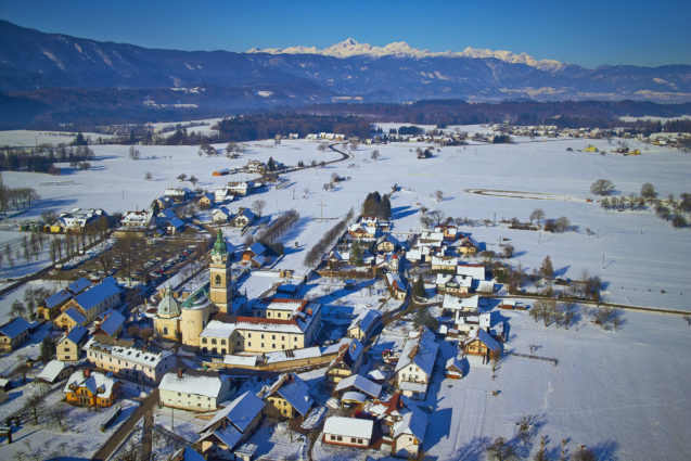 Aerial view of Basilica of Mary Help of Christians in Brezje in summer