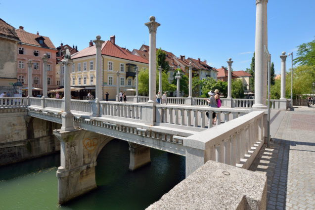 Cobblers Bridge over Ljubljanica River in Ljubljana, the capital city of Slovenia
