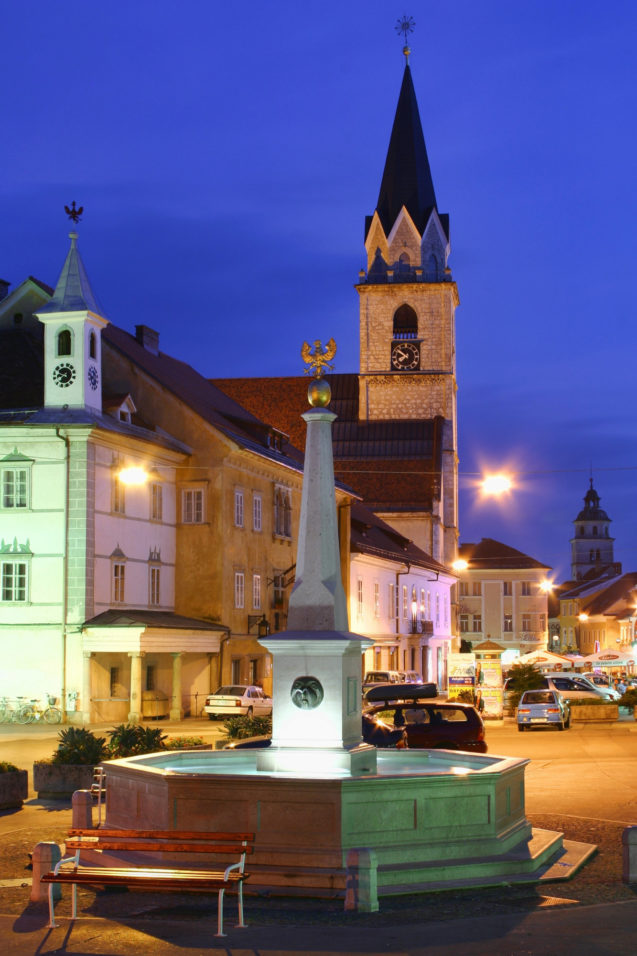 A fountain in Main Square in the centre of Kranj, Slovenia