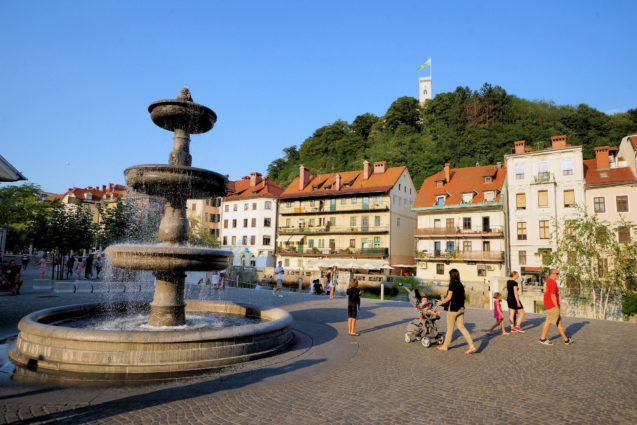 A fountain in New Square in Ljubljana Old Town in the capital city of Slovenia