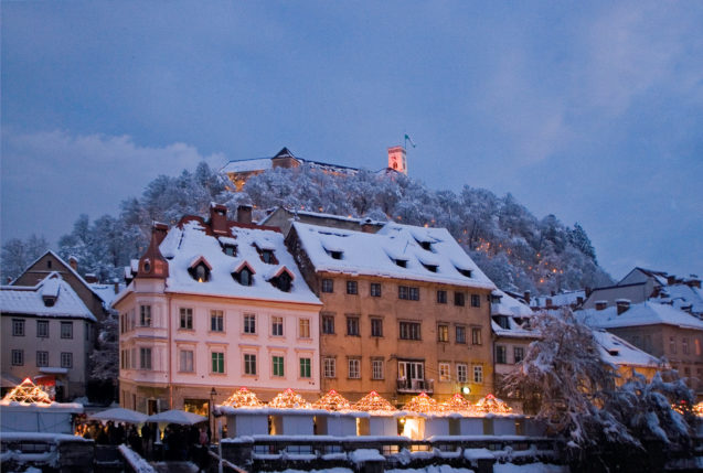 Ljubljana, the capital city of Slovenia blanketed with snow in winter