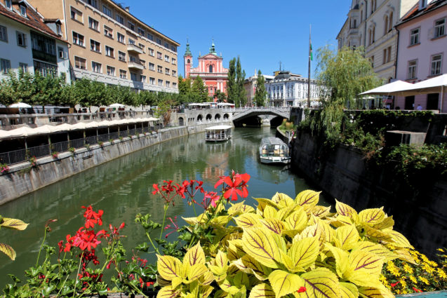 Ljubljanica River Canal in Ljubljana Old Town in the capital of Slovenia
