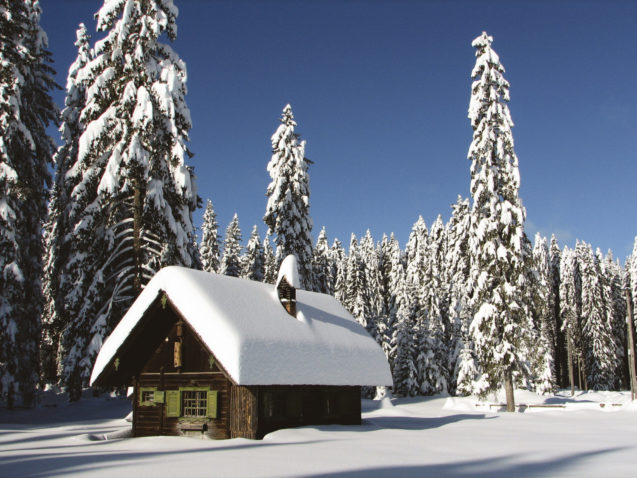A cottage covered with snow in Mrzli Studenec at Pokljuka Plateau in winter
