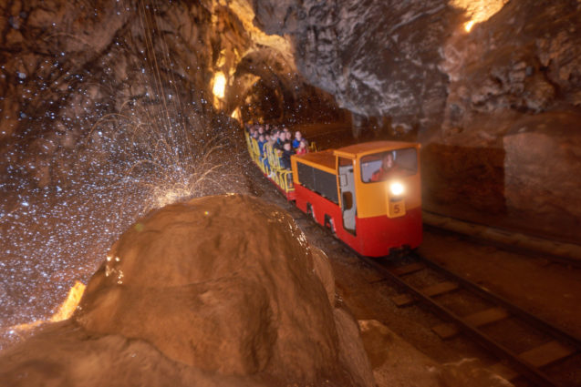 An electric train inside Postojna Cave in Slovenia