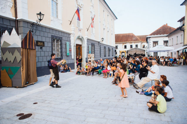 A street theatre performance at Linhart Square in the heart of Radovljica's old town centre