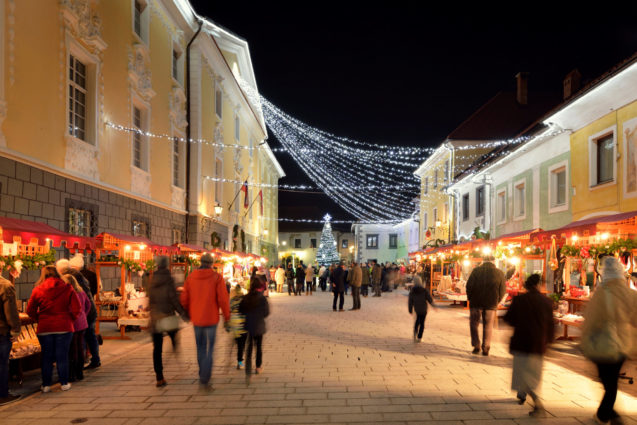 Festively decorated Linhart Square in the old town of Radovljica, Slovenia