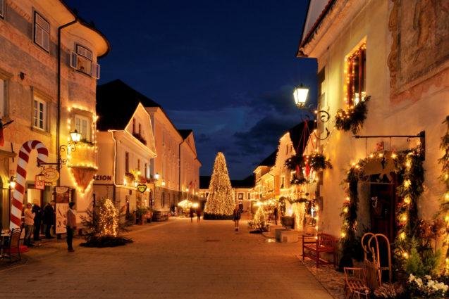 Christmas lights at Linhart Square in the old town of Radovljica, Slovenia