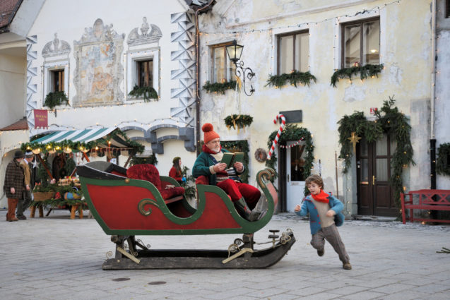 A large Santa's sleigh in the old town of Radovljica, Slovenia