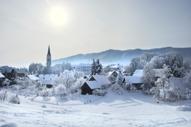The town of Radovljica blanketed with snow in winter