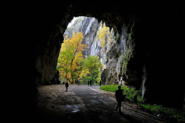 A group of visitors at exit from Skocjan Caves in Slovenia