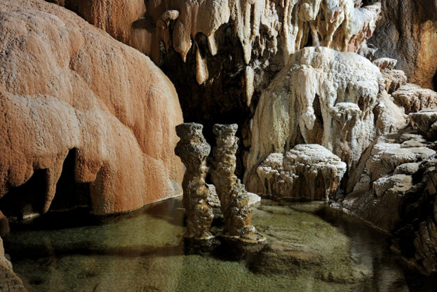 Stalactites and stalagmites inside Skocjan Caves in Slovenia