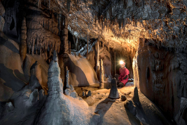 Formation of stalagmites and stalagmites inside Skocjan Caves in Slovenia