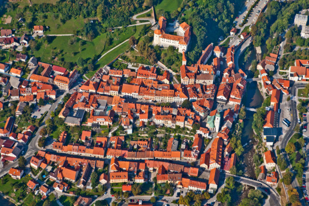 Aerial view of Loka Castle and the medieval town of Skofja Loka, Slovenia 