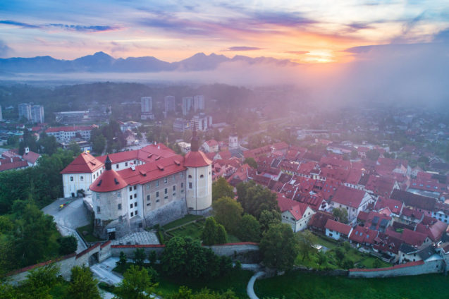 Loka Castle above the medieval town of Skofja Loka in Slovenia