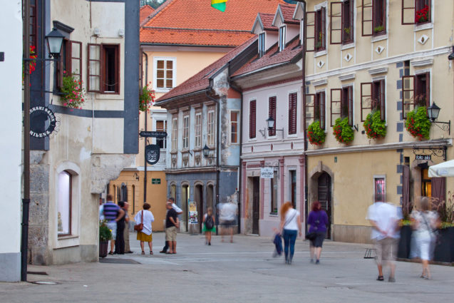 Historical old town centre in Skofja Loka in Slovenia in the summer