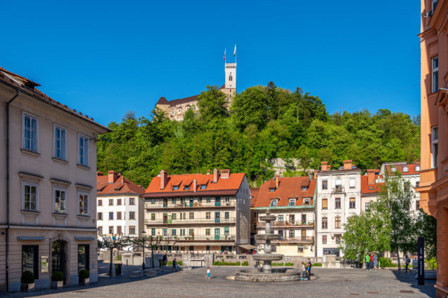Ljubljana Old Town overlooked by Ljubljana Castle in summer