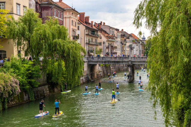 SUP Paddling in the Ljubljanica River in Ljubljana, the capital city of Slovenia