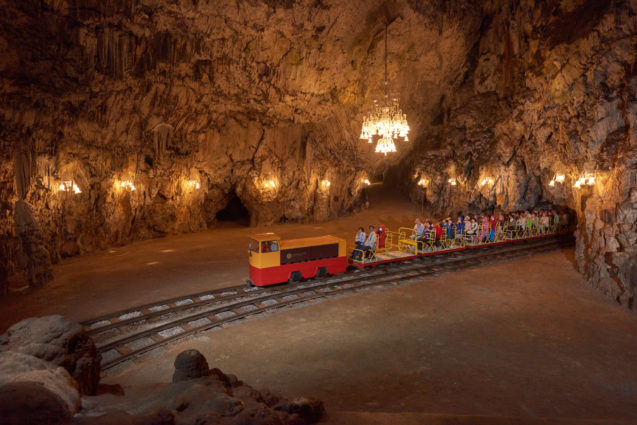 A train in Dance Hall in Postojna Cave in Slovenia 