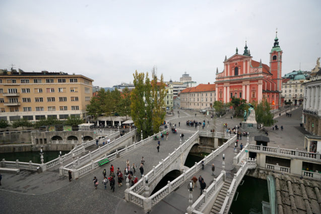 Triple Bridge in Ljubljana Old Town in autumn