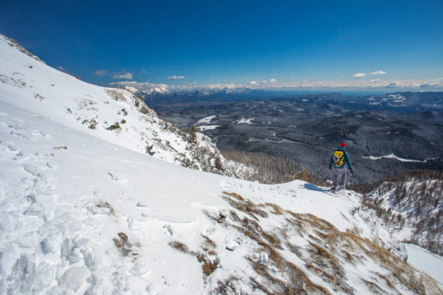 Elevated view of Pokljuka Plateau from Mount Visevnik in winter